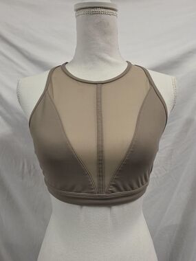 ALO Yoga Taupe High Neck Mesh-Panel Sports Bra